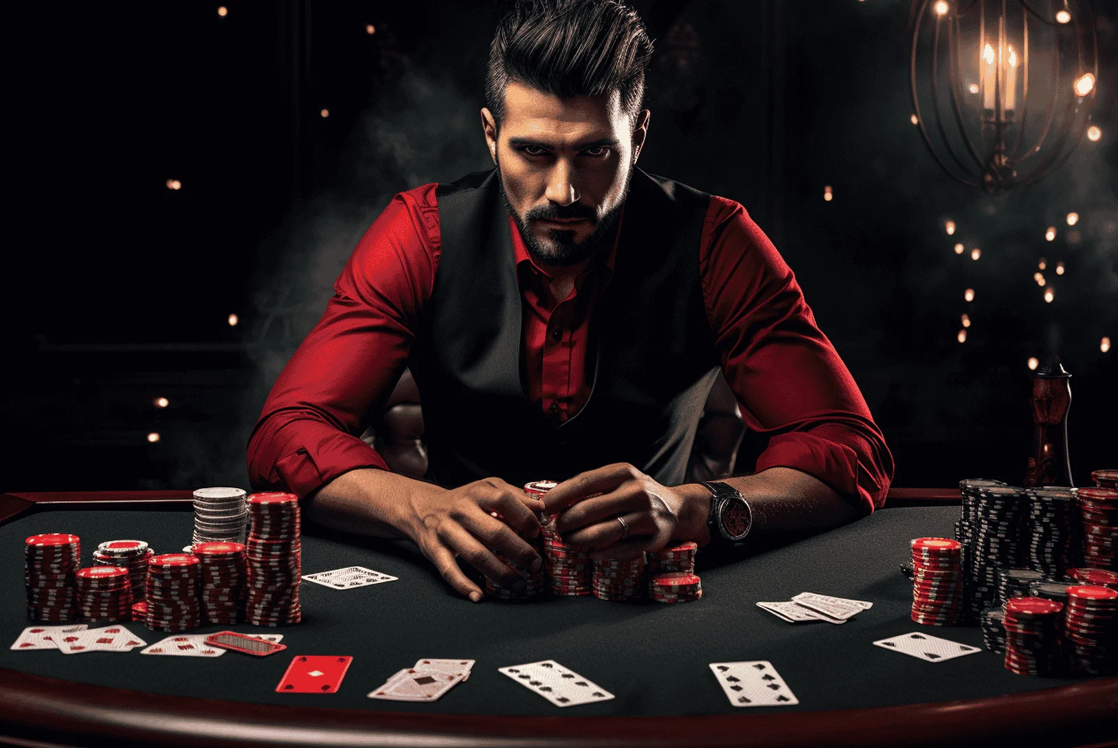 Neon 3D render of a roulette wheel, dice, and casino chips